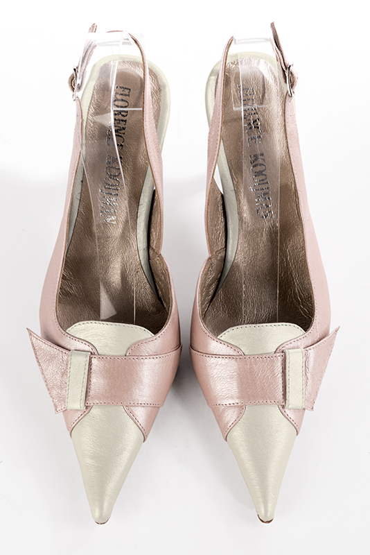 Off white and powder pink women's slingback shoes. Pointed toe. High slim heel. Top view - Florence KOOIJMAN